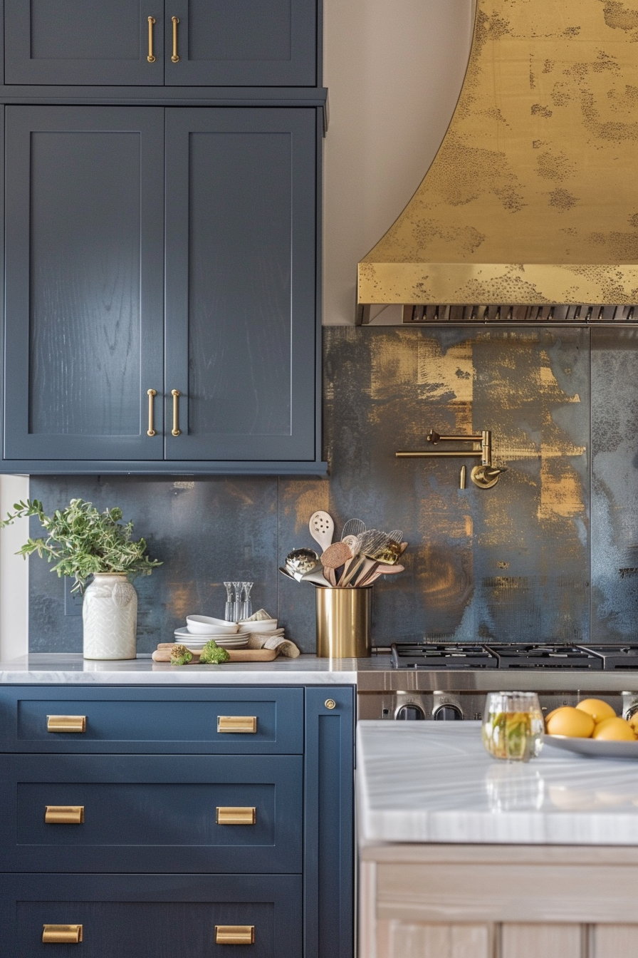 A stylish kitchen with navy cabinets, gold hardware, marble countertops, and an antiqued gold backsplash above the stove.