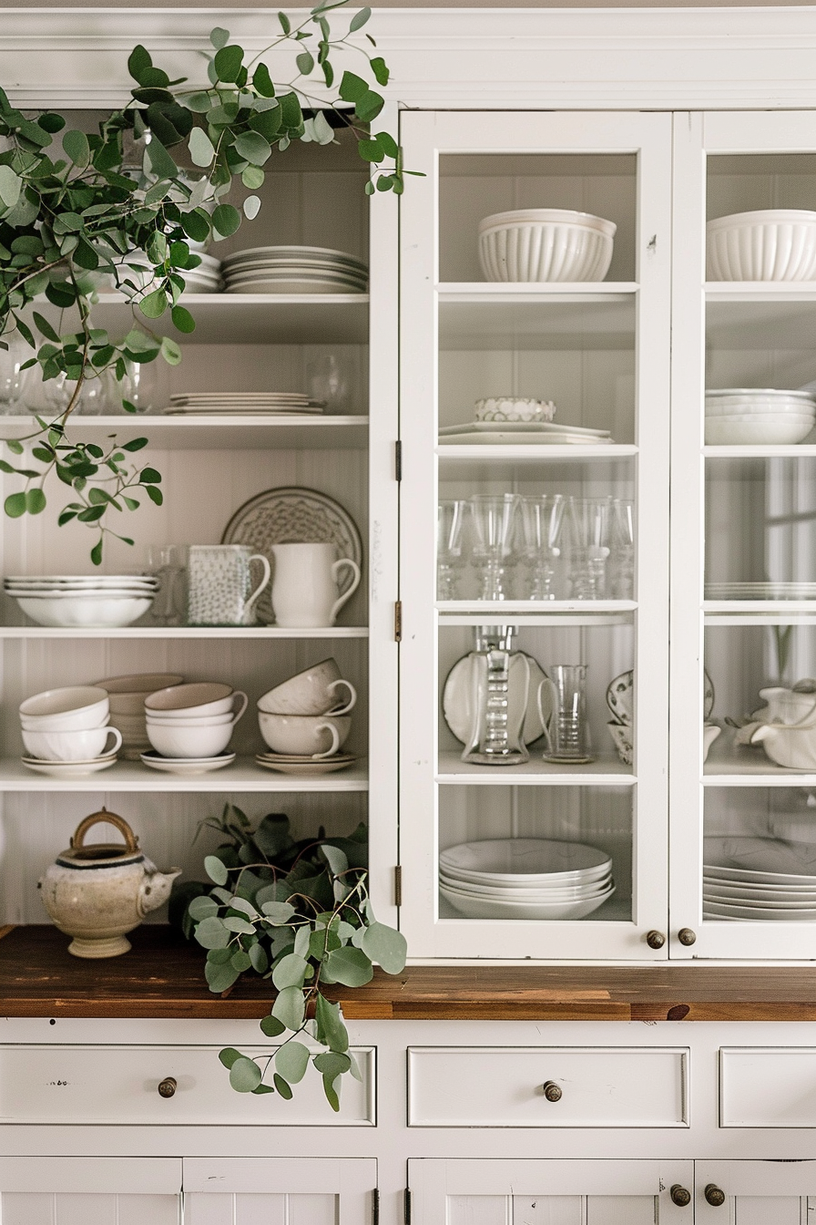 A neatly organized kitchen cabinet with white dishes, bowls, and glassware, accented by green eucalyptus branches.
