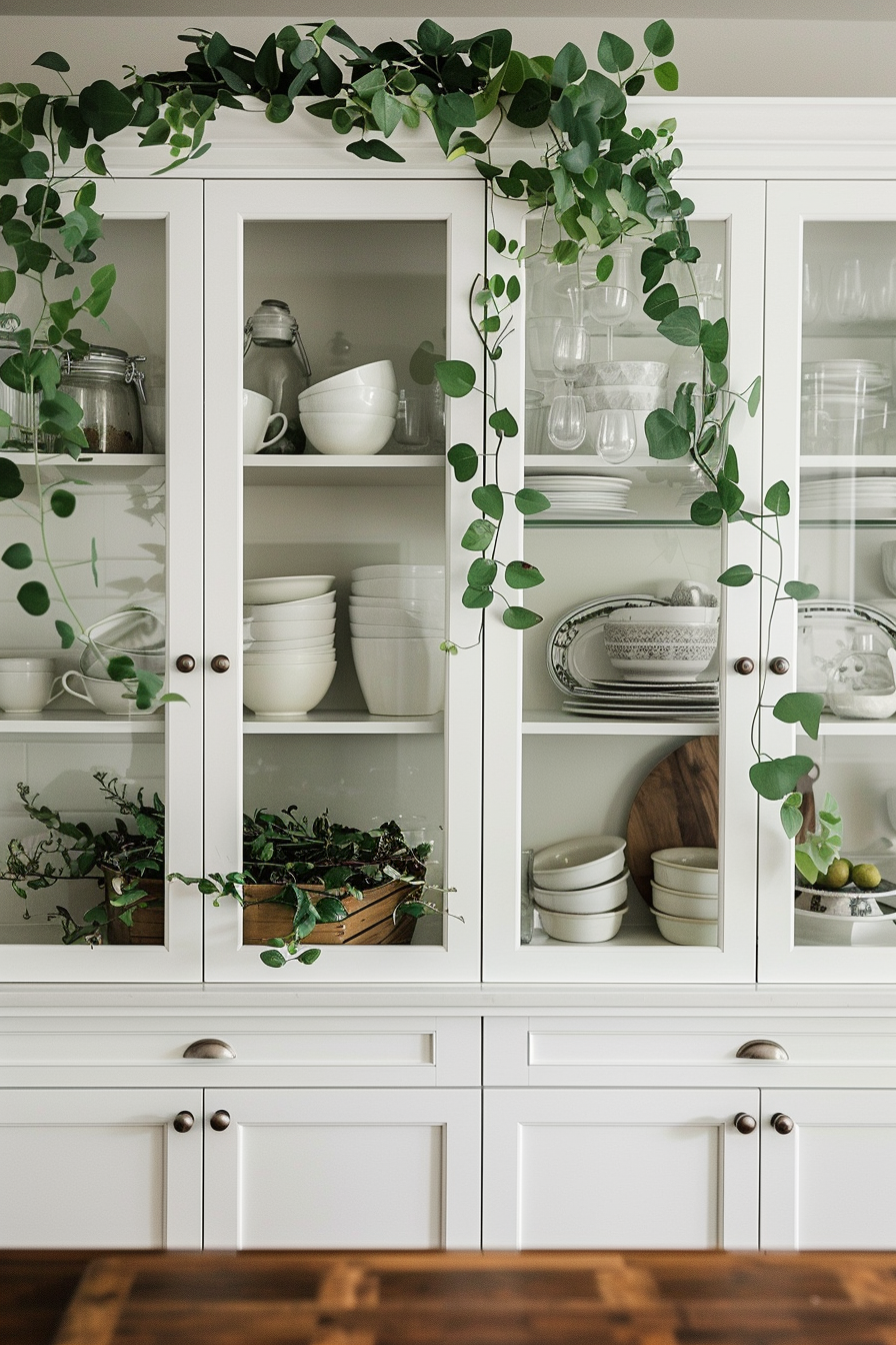 White kitchen cabinet with glass doors adorned with eucalyptus, displaying dishes and bowls inside.