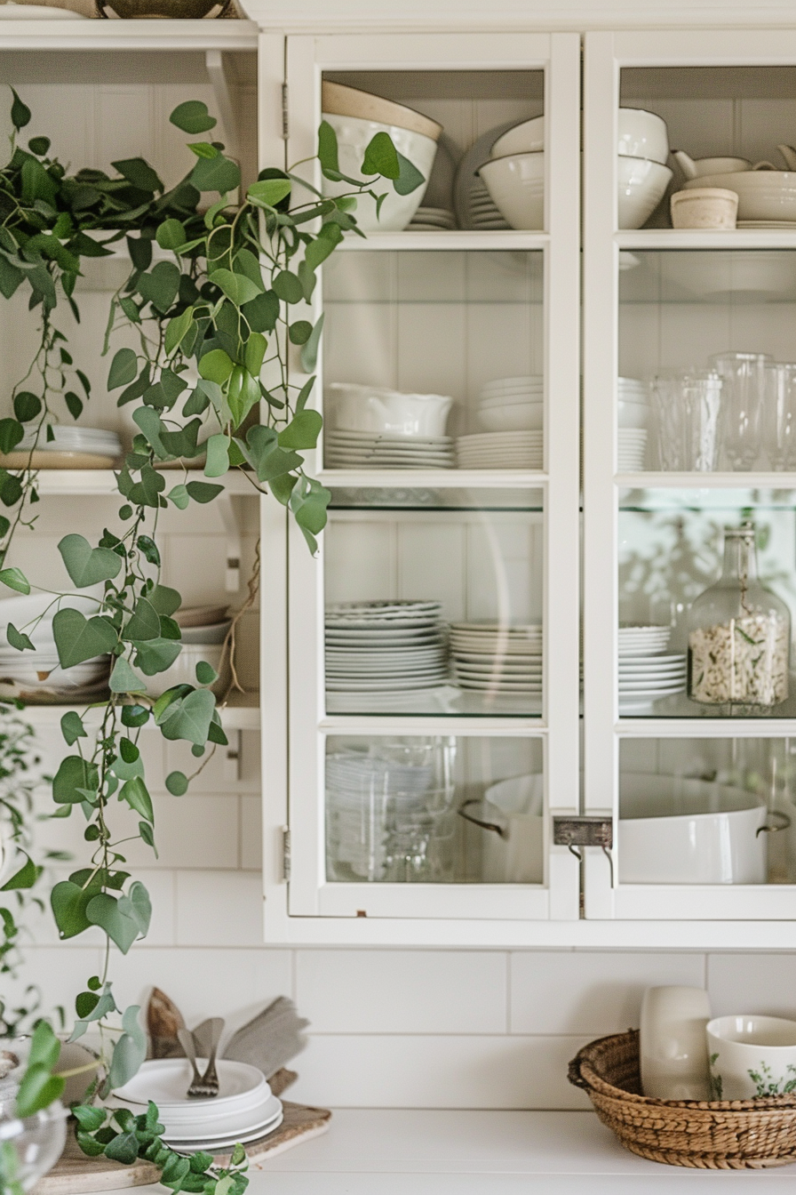 An open white kitchen cabinet with neatly arranged dishes and a hanging green plant to the side.