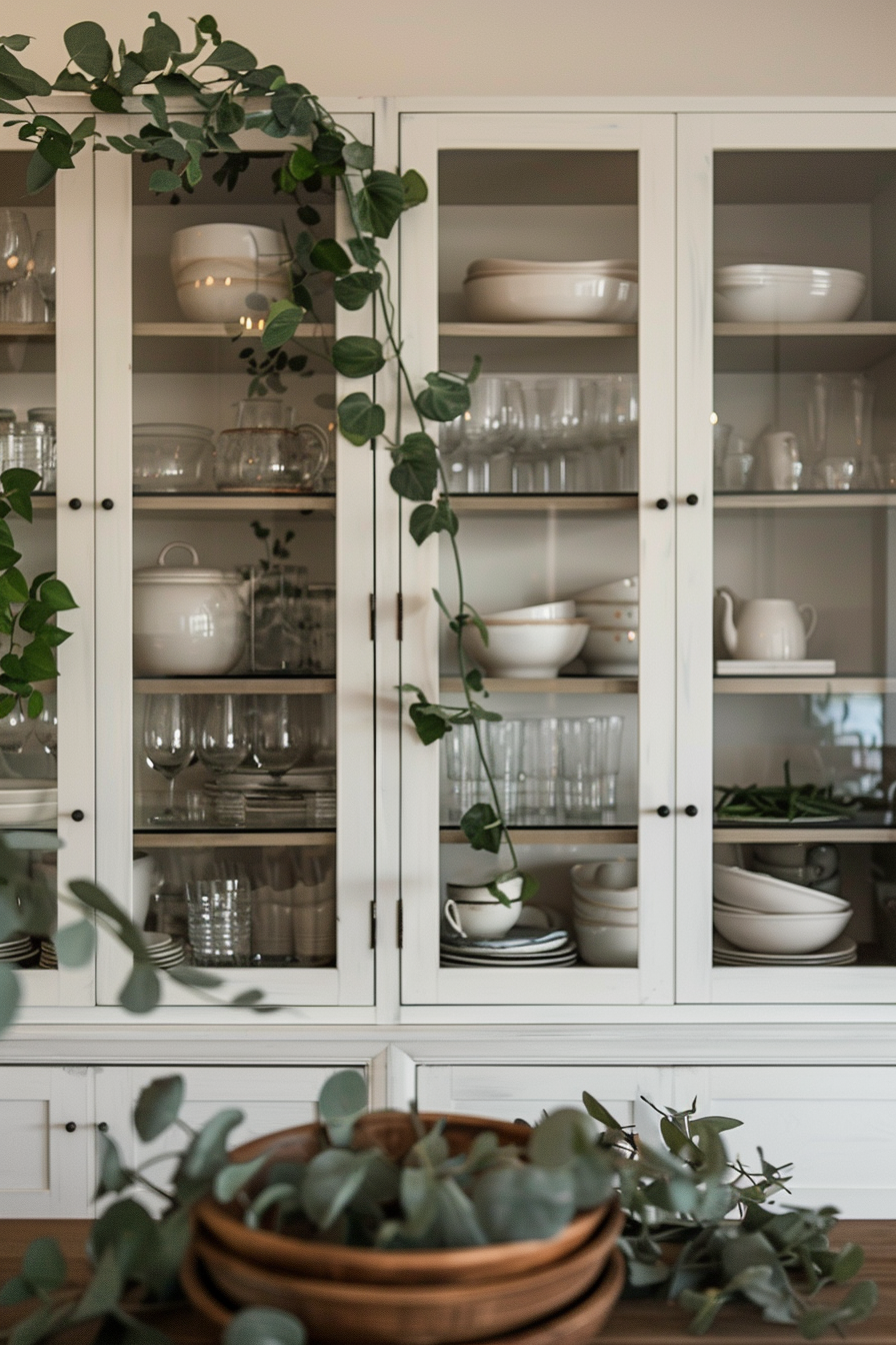 White kitchen cabinet filled with various dishes and glasses, decorated with hanging green plants.