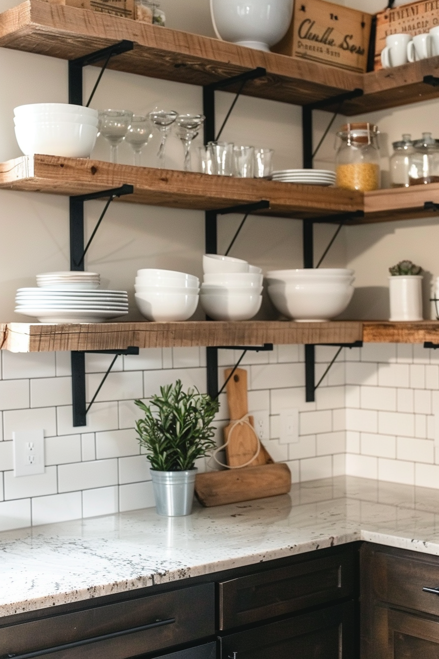 A cozy kitchen corner with wooden shelves holding white dishes, glassware, and a potted plant on a granite countertop.