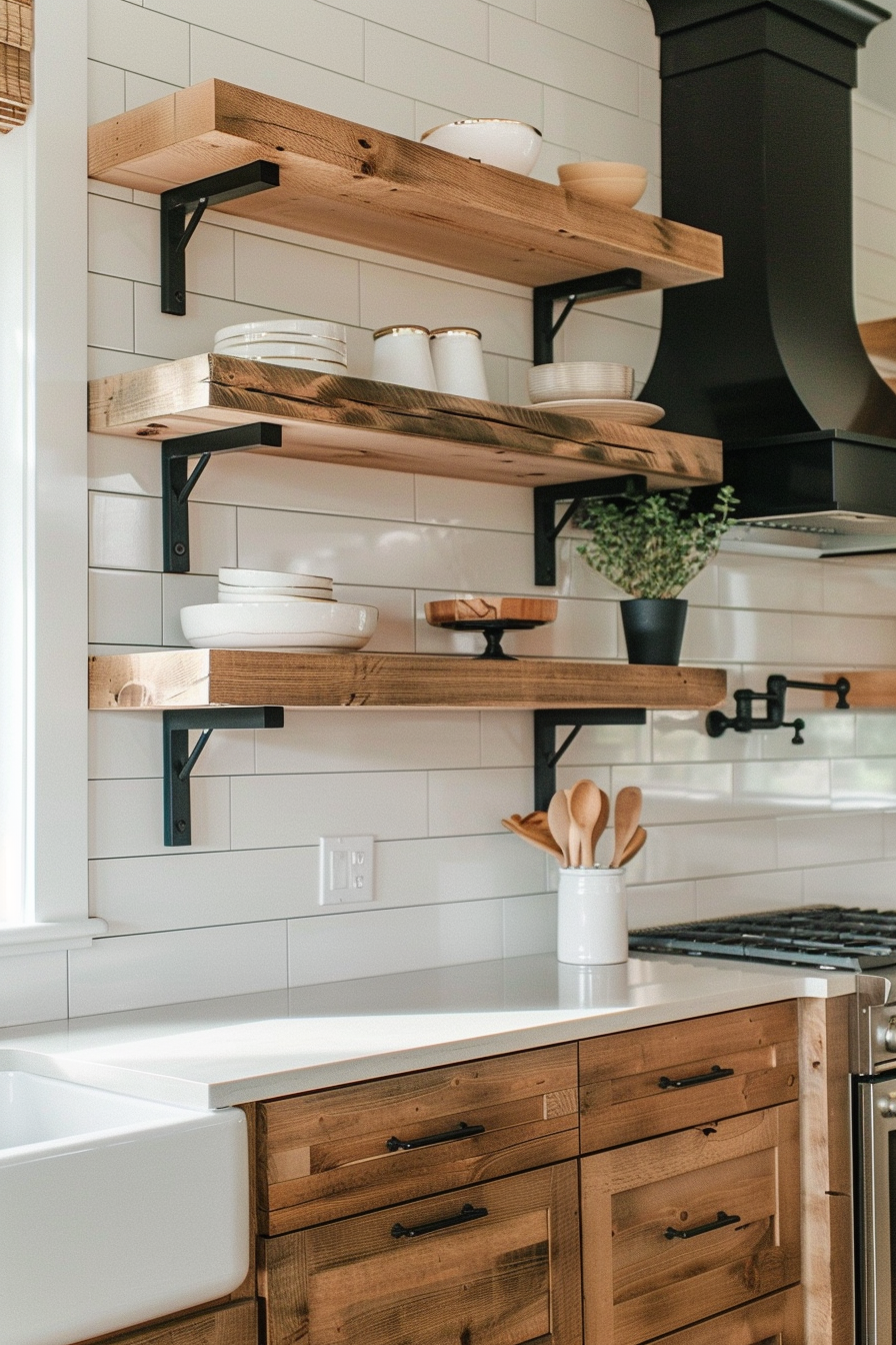 A modern kitchen with white subway tile backsplash, wood shelves, white dishes, and a large farmhouse sink with wooden cabinets.