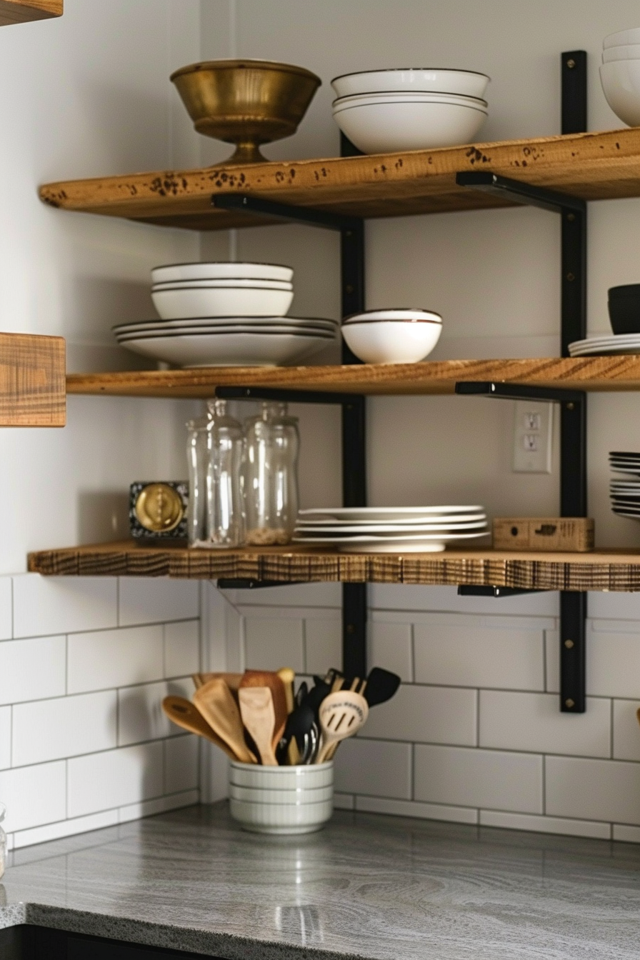 Open kitchen shelving with plates, bowls, and utensils, featuring wood shelves and subway tile backsplash.