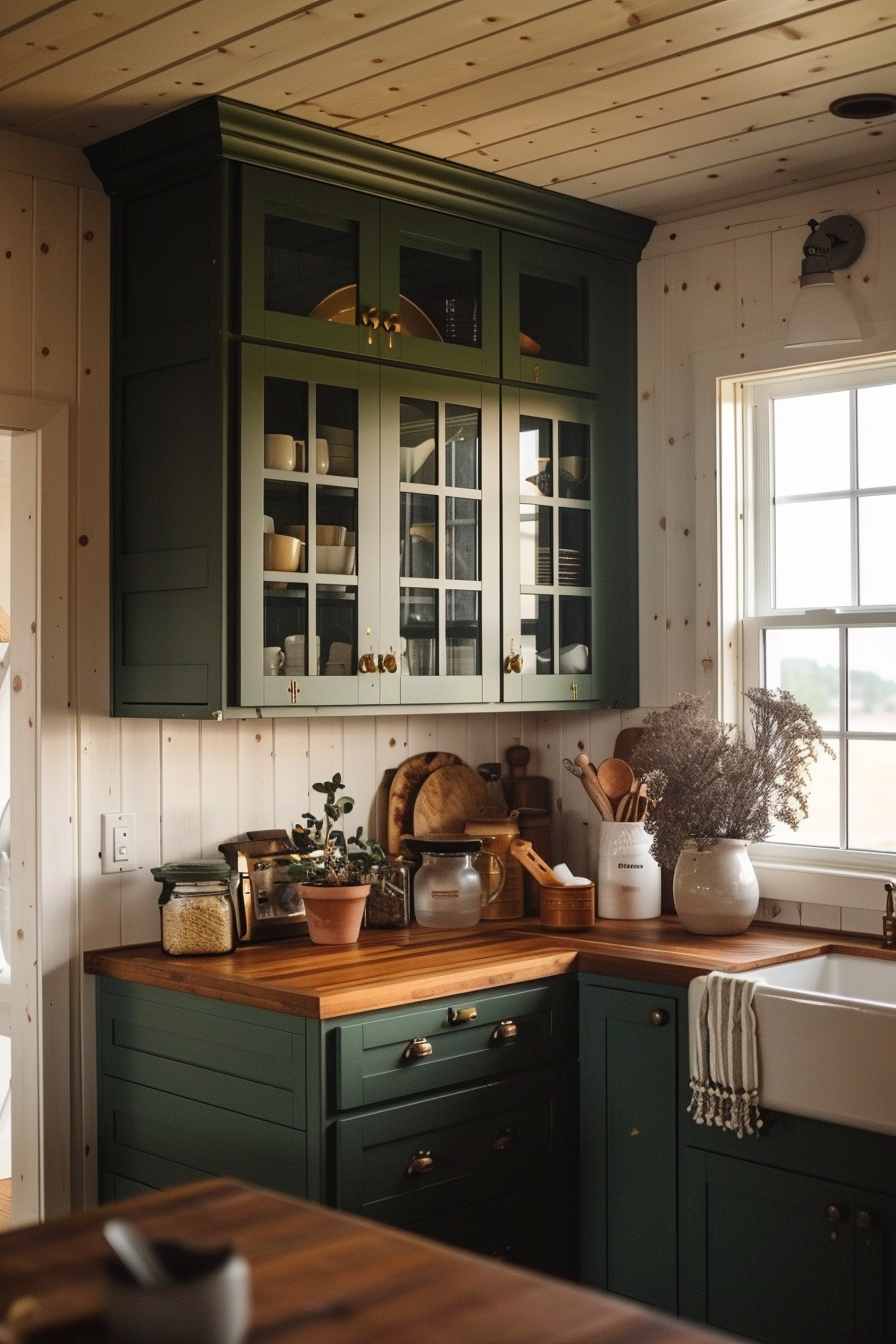 Cozy kitchen interior with green cabinetry, wooden countertops, and rustic decorations under warm lighting.