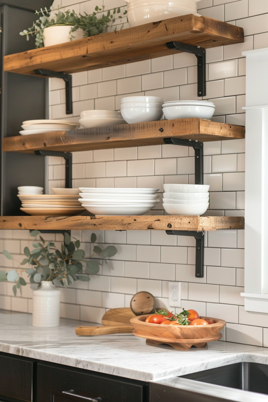 Rustic wooden shelves with white bowls and plates against a white subway tiled wall above a kitchen counter with tomatoes in a wooden bowl.