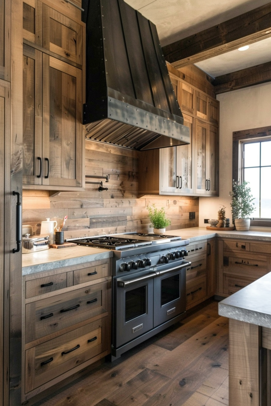 A rustic kitchen with wooden cabinets, stainless steel stove, and a large black range hood, complemented by natural light from a window.