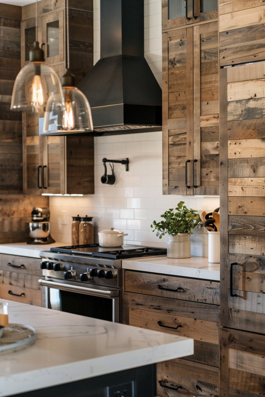 Modern kitchen interior with rustic wooden cabinets, stainless steel appliances, and hanging pendant lights.