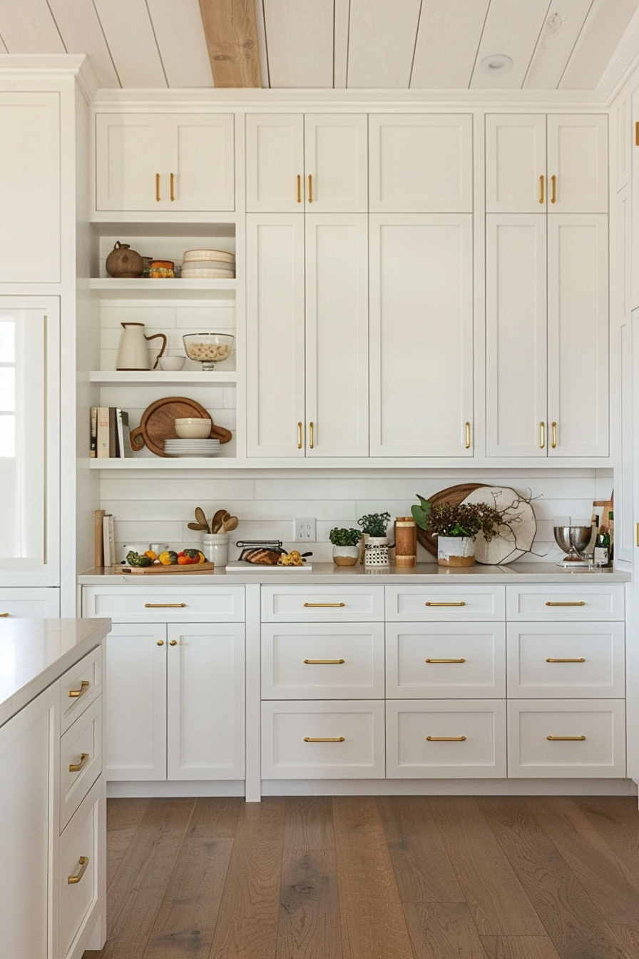 A bright kitchen with white cabinets, gold handles, wooden countertops, and open shelving displaying dishes and plants.