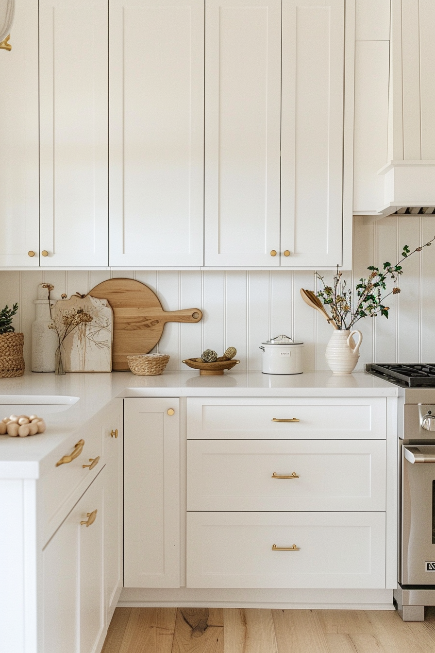 A modern white kitchen with gold handles, wooden cutting board, and decorative items on the countertop.