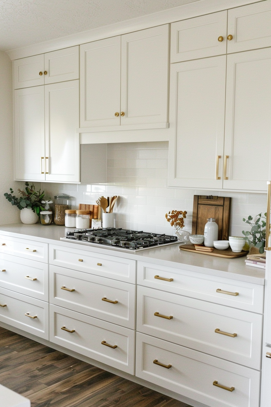 ALT: A modern kitchen with white cabinetry, gold handles, a gas stove, and decorations like plants and jars on the countertops.