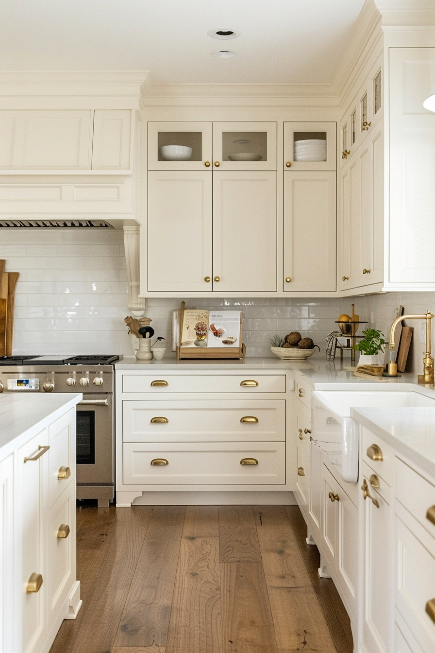 Elegant white kitchen interior with gold hardware, marble countertops, and hardwood floors.