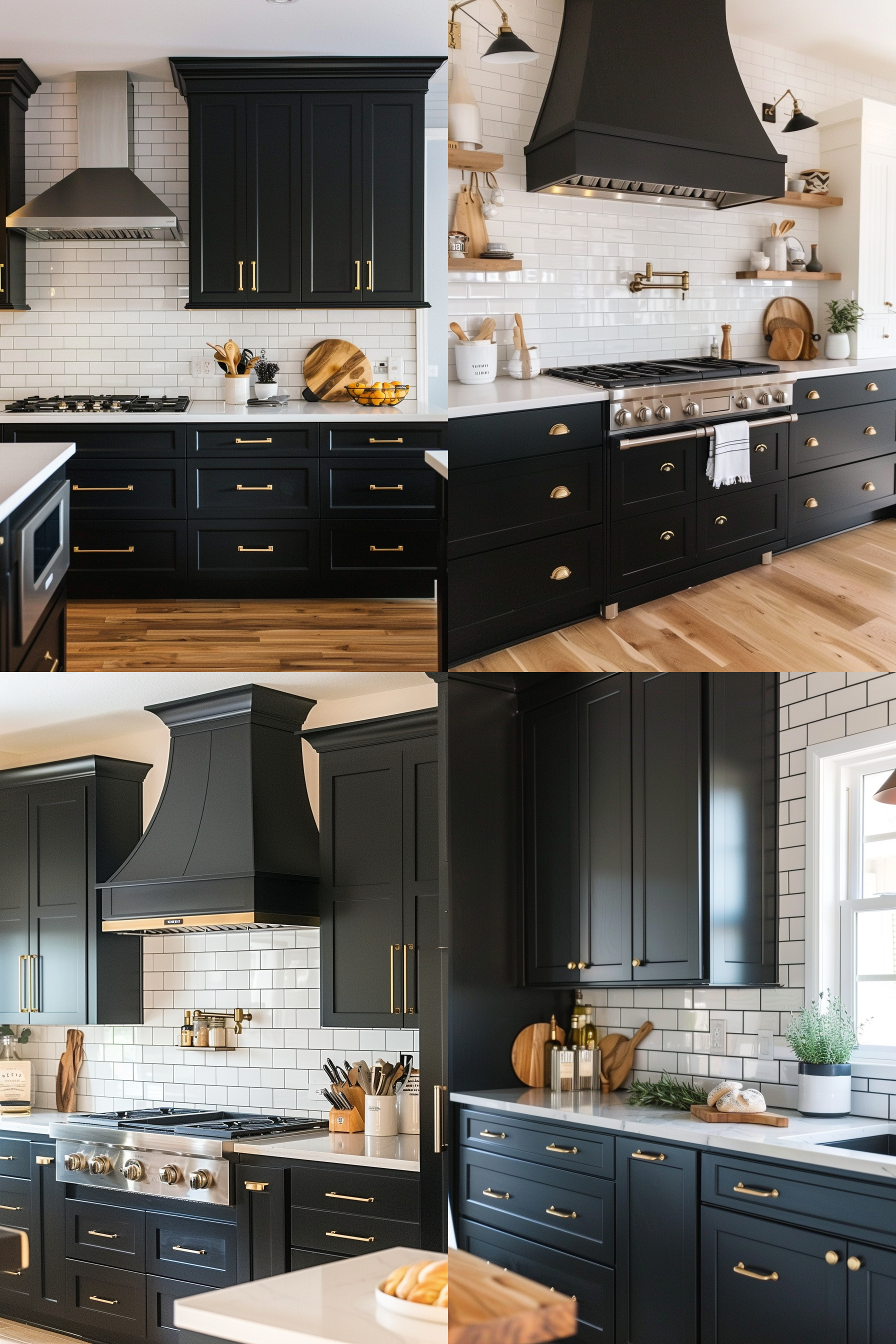 ALT text: "Modern kitchen with black cabinets, white subway tile backsplash, and stainless steel appliances, accented with brass hardware."