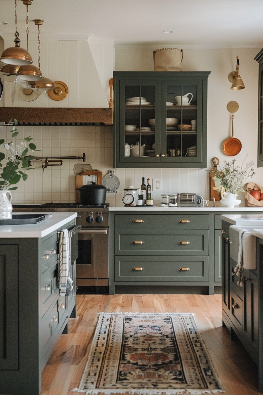 A cozy kitchen interior with green cabinets, brass fixtures, white tile backsplash, wooden floors, and a decorative rug.