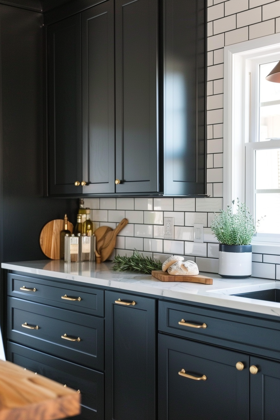 A modern kitchen with dark cabinetry, gold handles, white countertops, and subway tile backsplash, with wooden utensils and greenery.