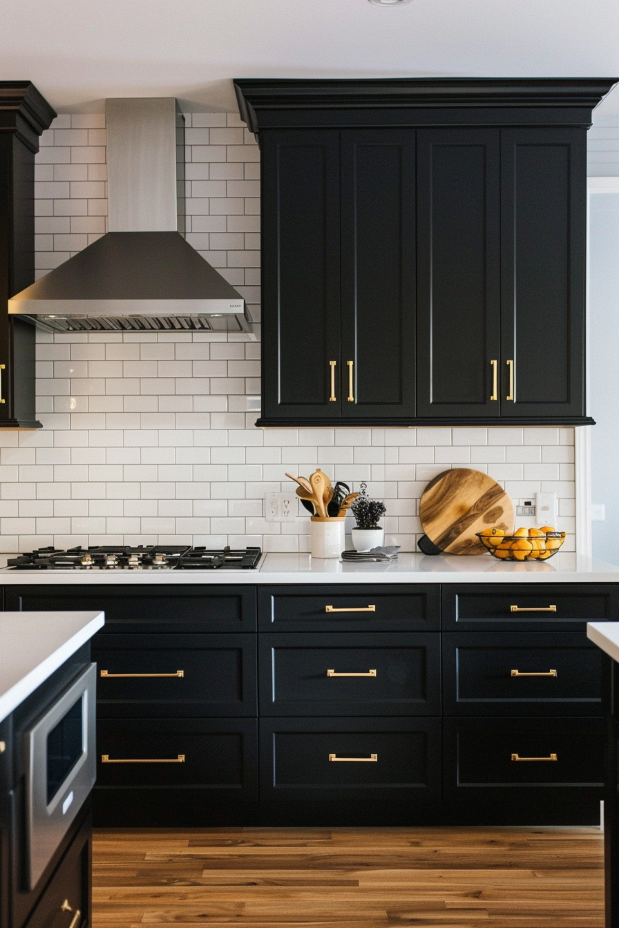 A modern kitchen with black cabinets, white subway tile backsplash, stainless steel range hood, and gold hardware.