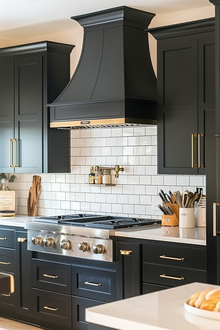 A modern kitchen with black cabinetry, stainless steel stove, white subway tile backsplash, and elegant range hood.