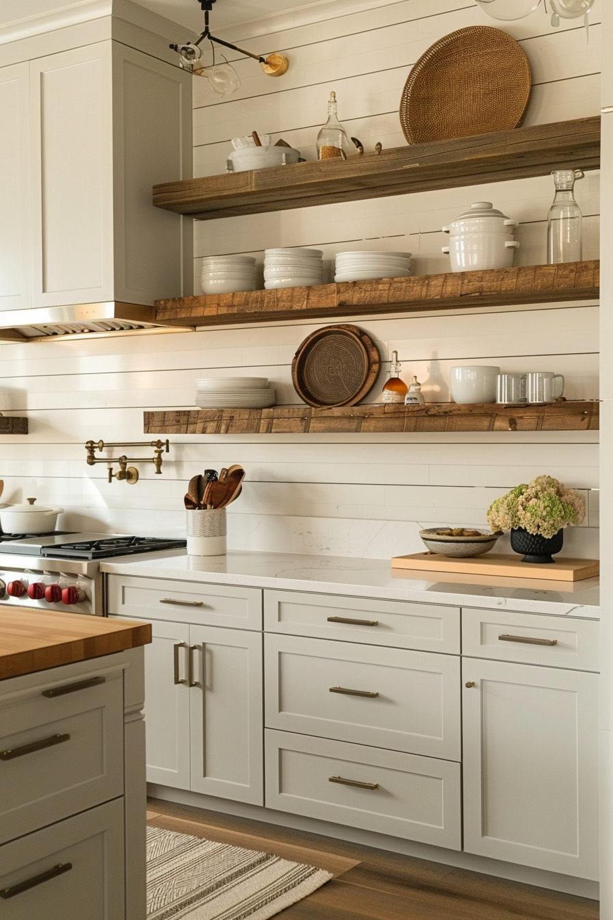 ALT: Cozy kitchen interior with white cabinetry, wooden countertops, floating wooden shelves with dishware, and a gas stove top.