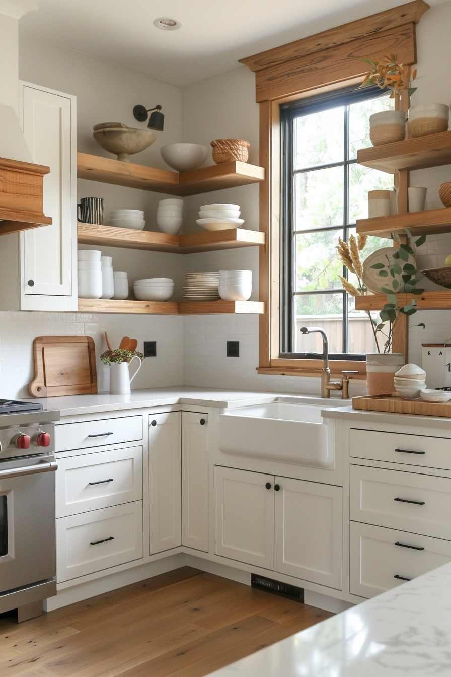 Modern kitchen interior with white cabinets, wooden countertops, floating shelves, and neatly arranged dishware.