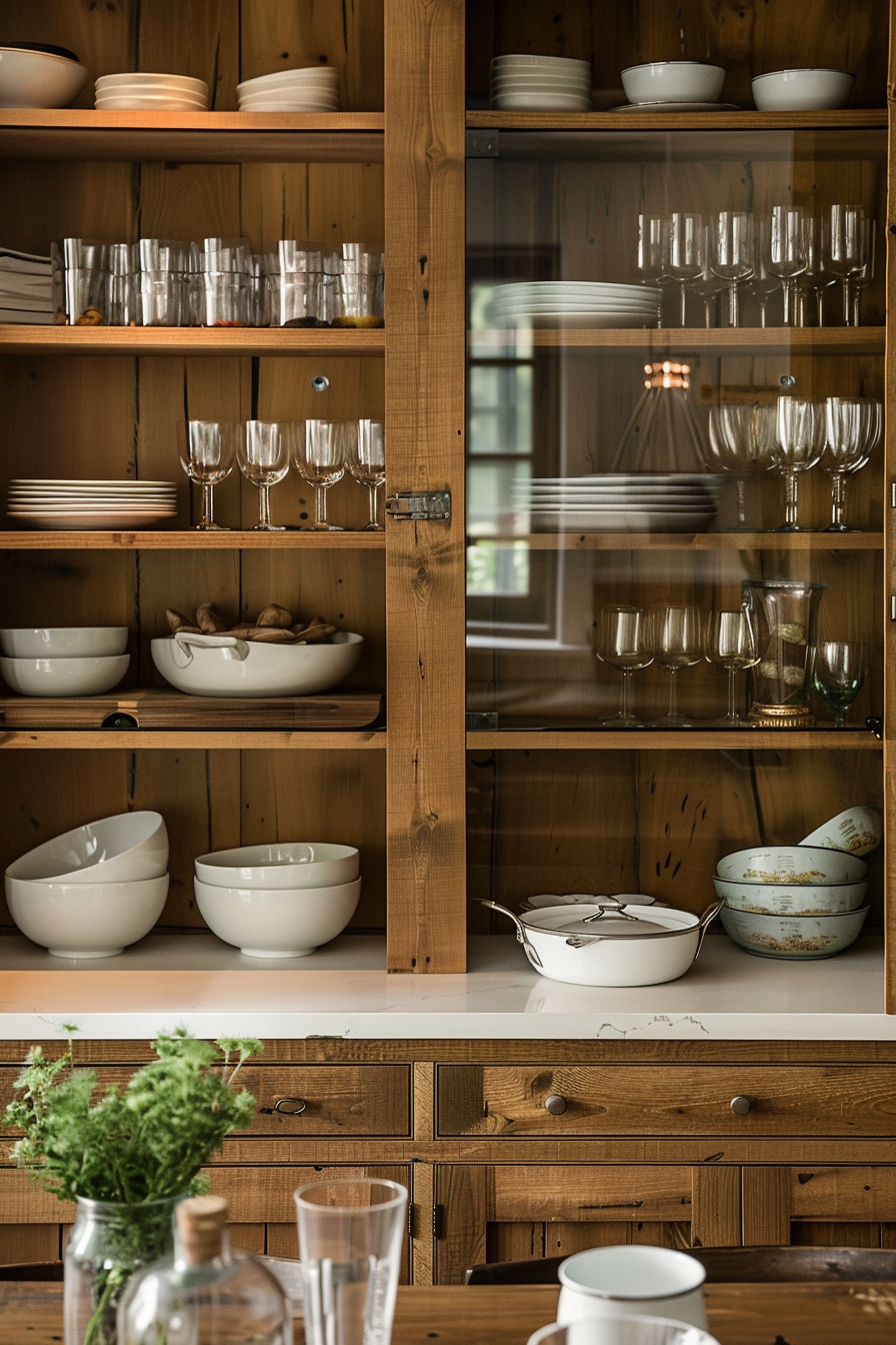 A well-organized wooden kitchen cabinet displaying an assortment of dishes, glasses, and bowls.