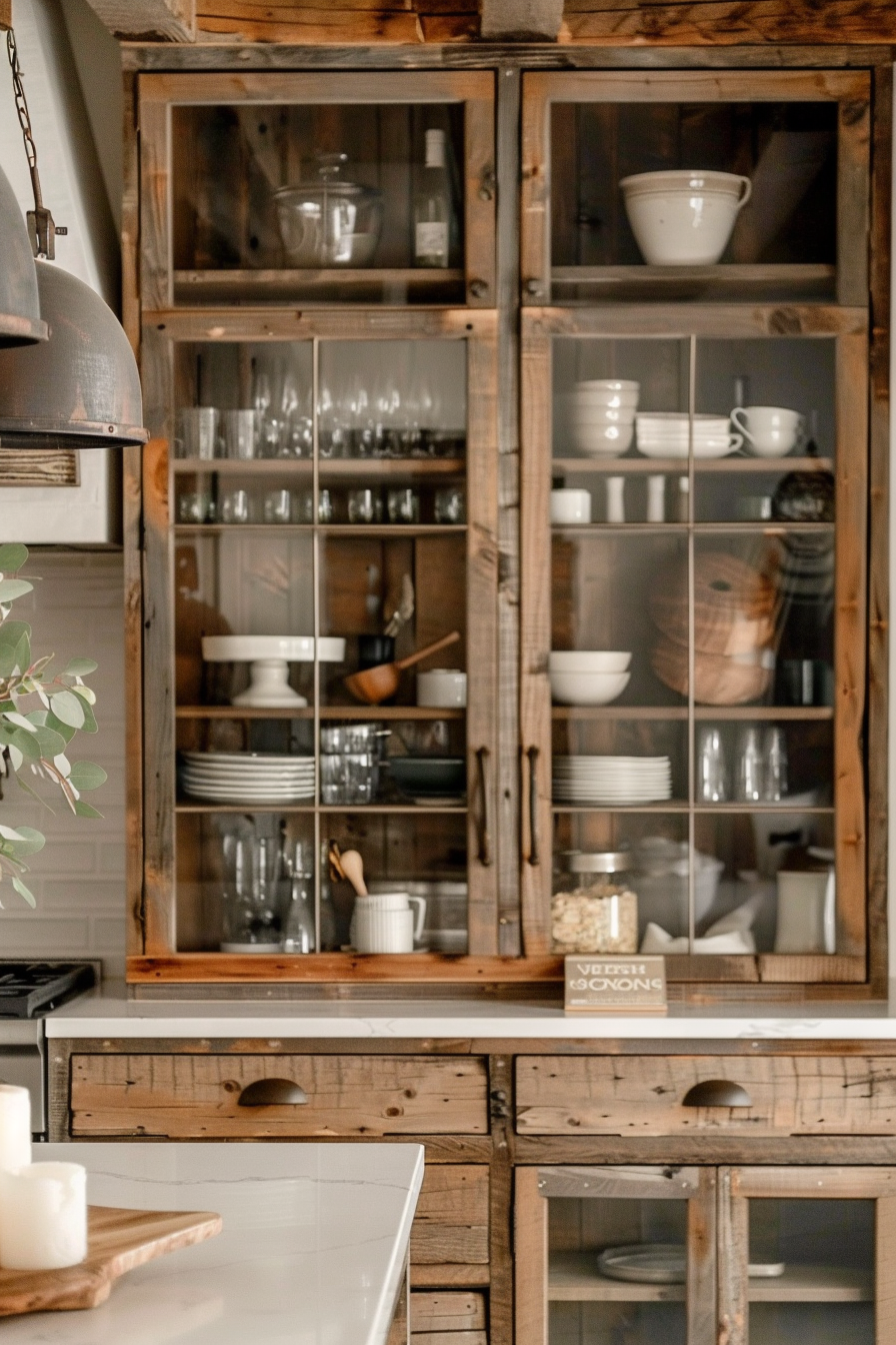 Rustic wooden kitchen cabinet with glass doors, showcasing neatly arranged dishware and glasses, against a tiled backsplash.