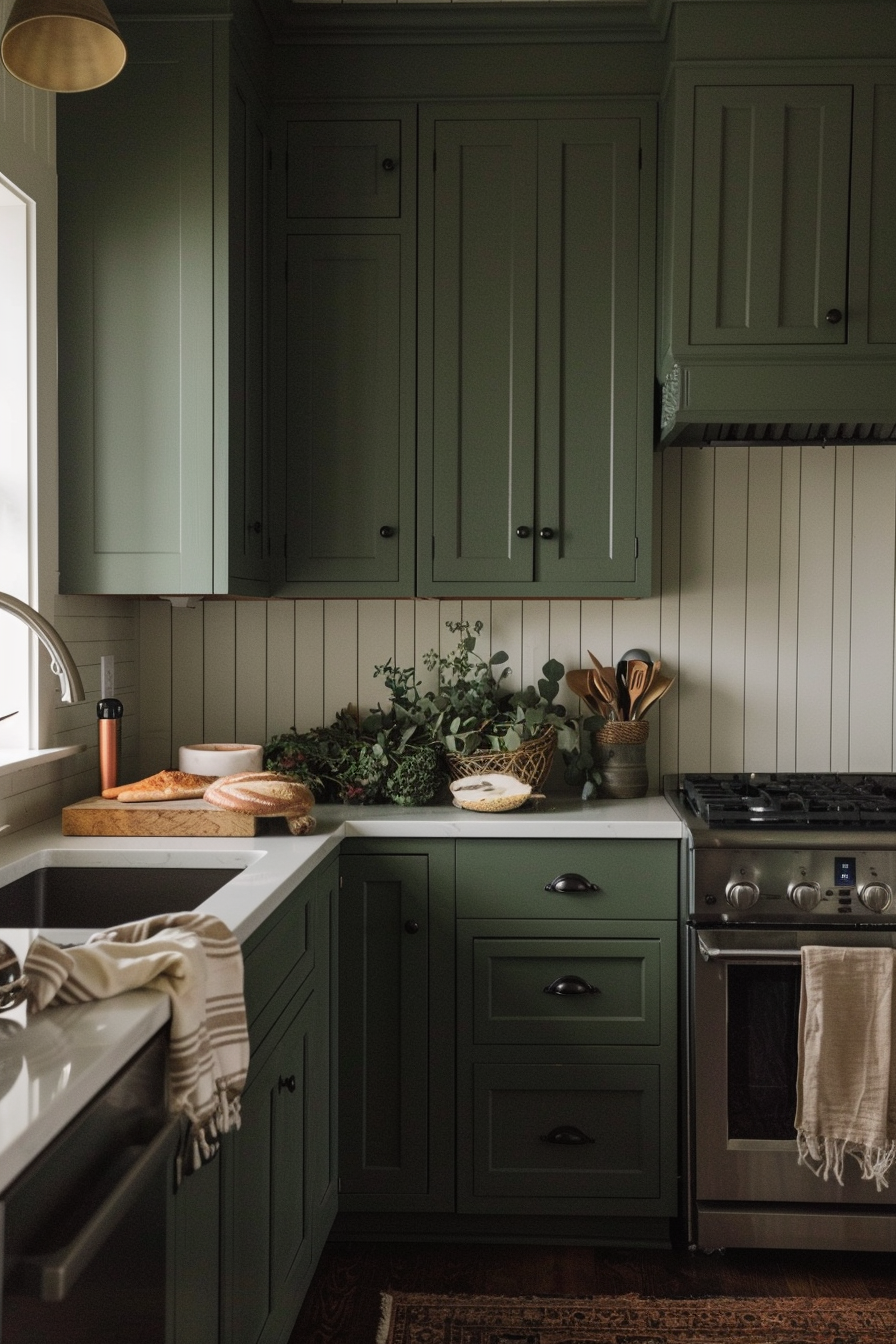 A cozy kitchen corner with olive green cabinetry, a subway tile backsplash, wooden countertops, and a gas stove.