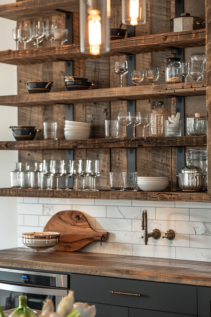 Modern kitchen with open wooden shelving displaying various glasses and dishes, with subway tiles and warm lighting.