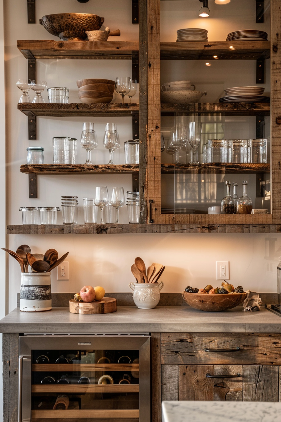 Rustic kitchen shelves filled with glassware and dishes, a wine fridge below, and kitchen utensils on the counter.