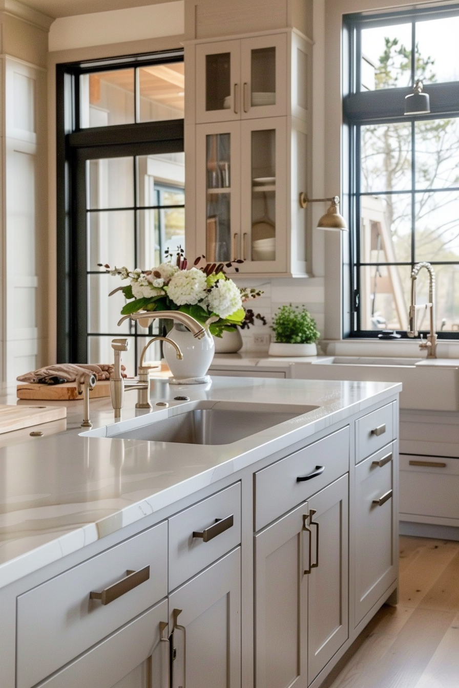 A bright kitchen interior with white cabinets, a bouquet of flowers on the counter, black-trimmed windows, and brass fixtures.