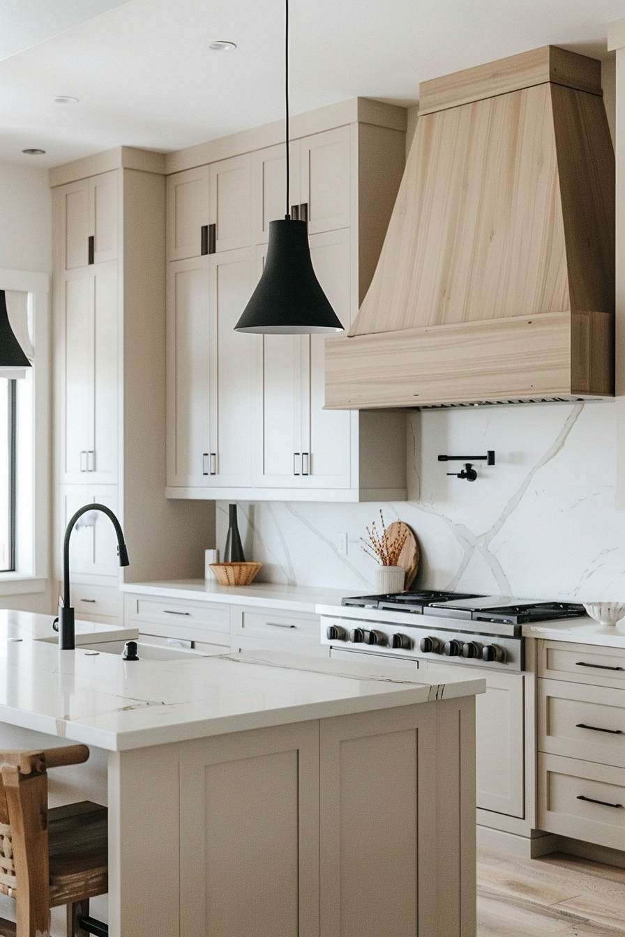 Modern kitchen interior with beige cabinetry, a wooden range hood, black pendant lights, and a marble countertop.