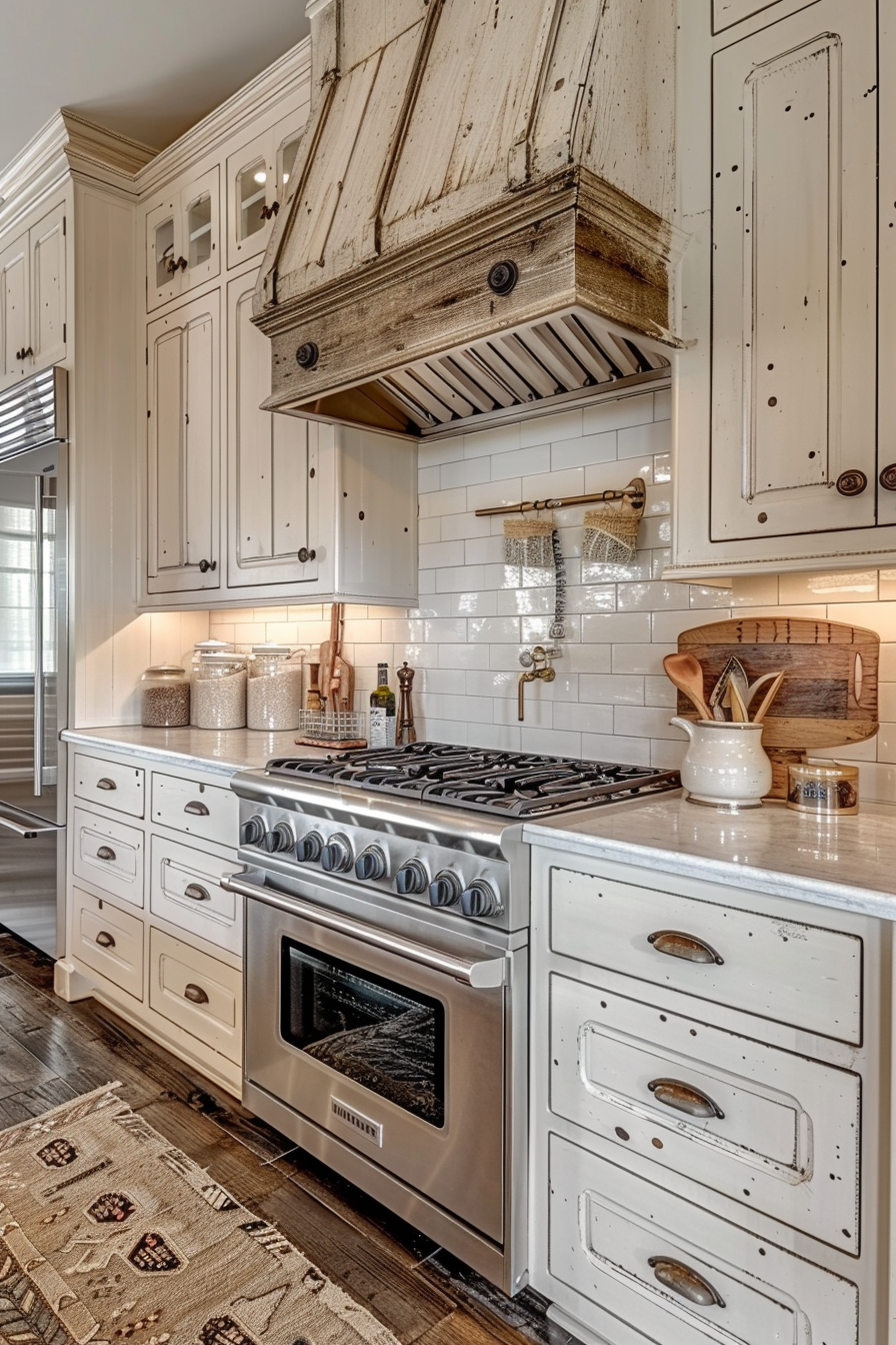 Elegant kitchen interior featuring distressed white cabinetry, gas stove, subway tile backsplash, and rustic wood range hood.