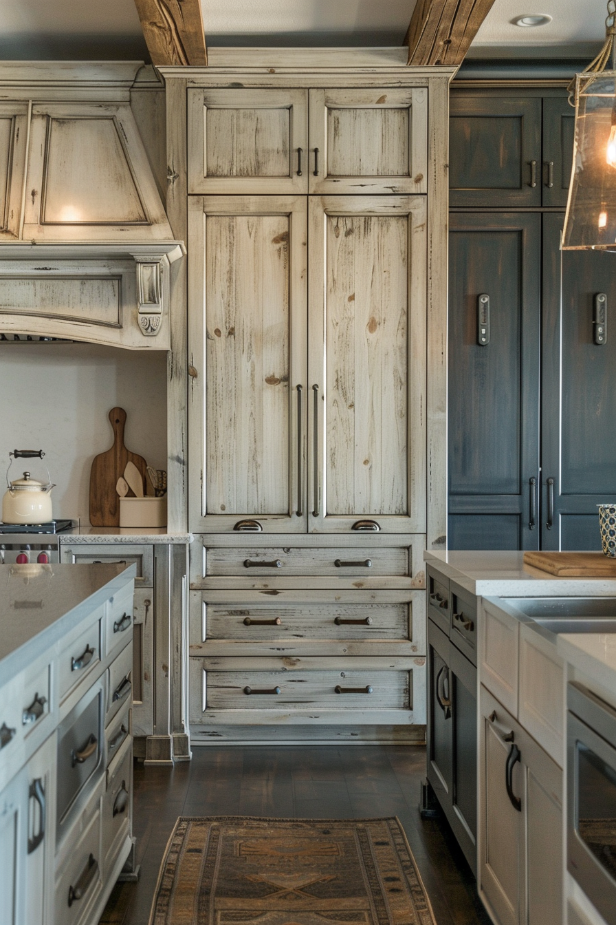 Rustic-style kitchen with weathered wooden cabinets and drawers, traditional handles, and a patterned rug on tile flooring.