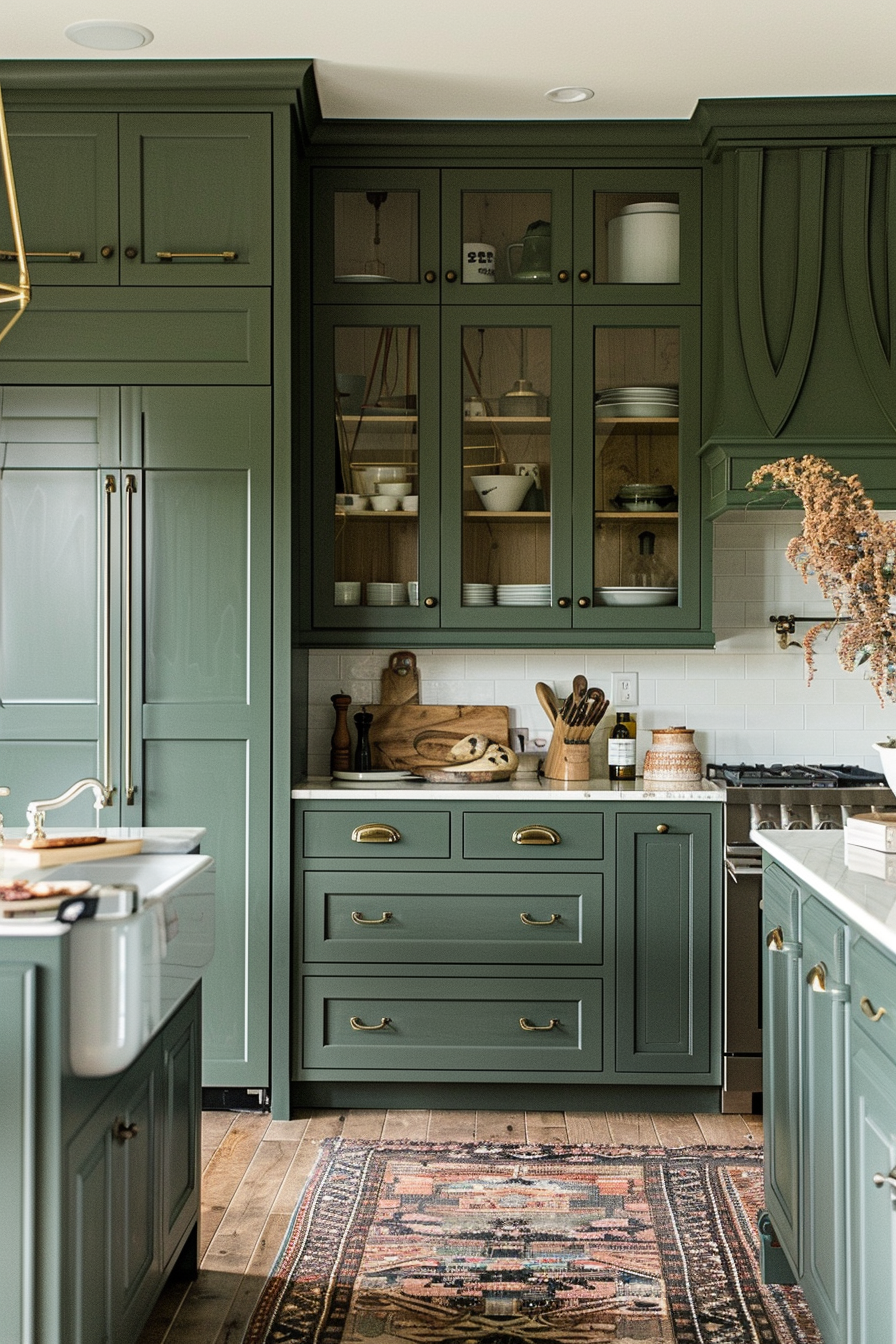 A stylish kitchen with green cabinetry, gold handles, a white countertop, and a patterned rug on the wooden floor.