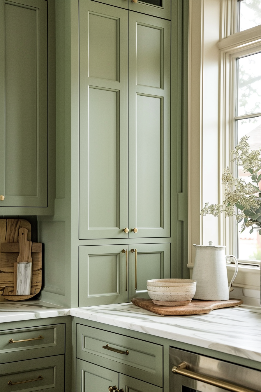 Elegant kitchen corner featuring sage green cabinets, gold handles, marble countertops, and a white ceramic pitcher.