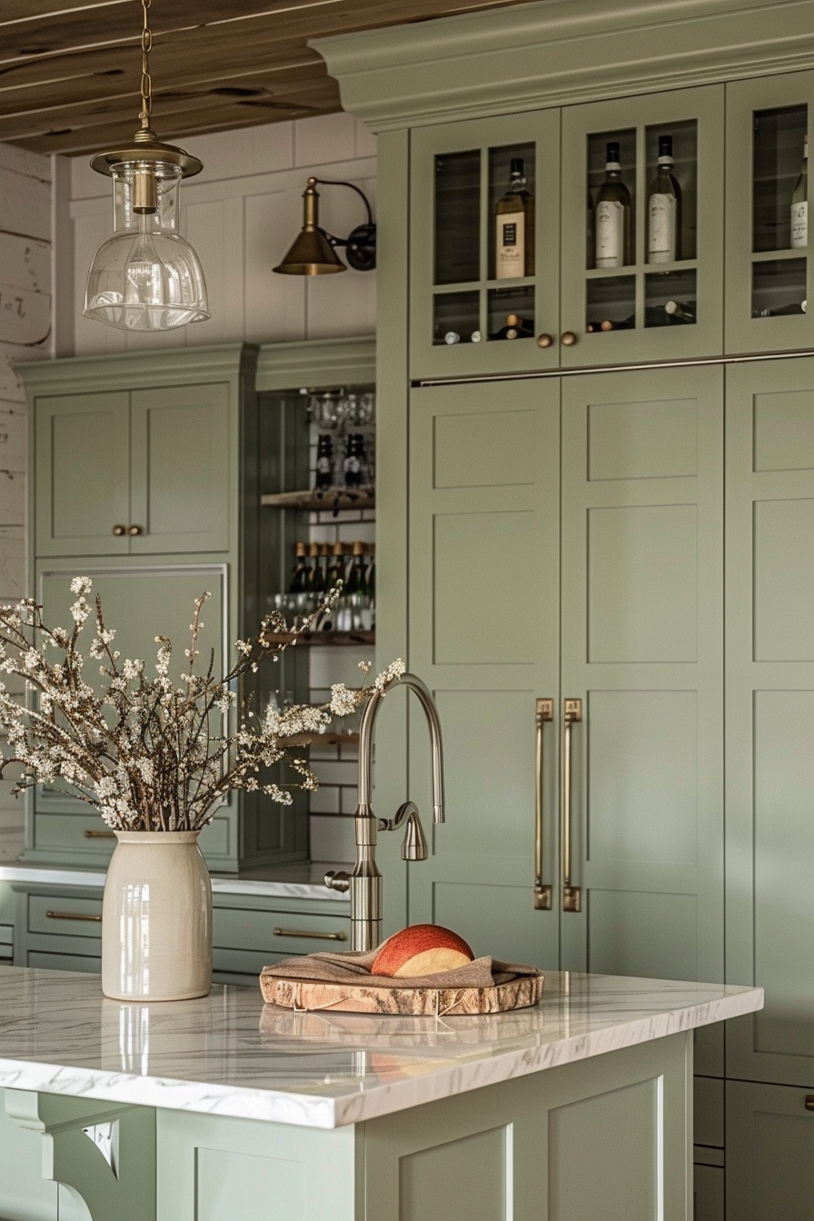 Alt text: Elegant kitchen interior with sage green cabinets, marble countertop, a vase with branches, and pendant lighting.