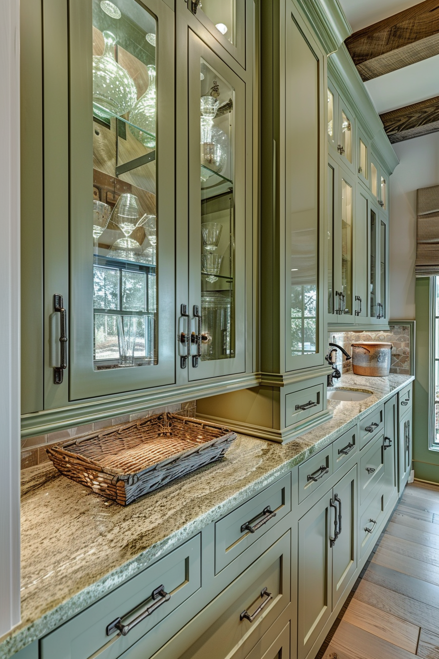 Elegant kitchen interior with sage green cabinetry, granite countertops, glass-front cabinets, and a woven basket on the counter.