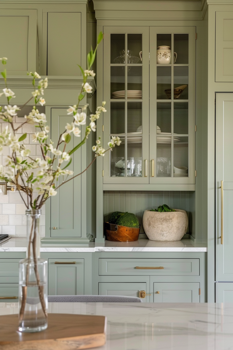 Elegant kitchen interior with sage green cabinets, glass-door cupboard, gold handles, and a vase with white blossoms in the foreground.