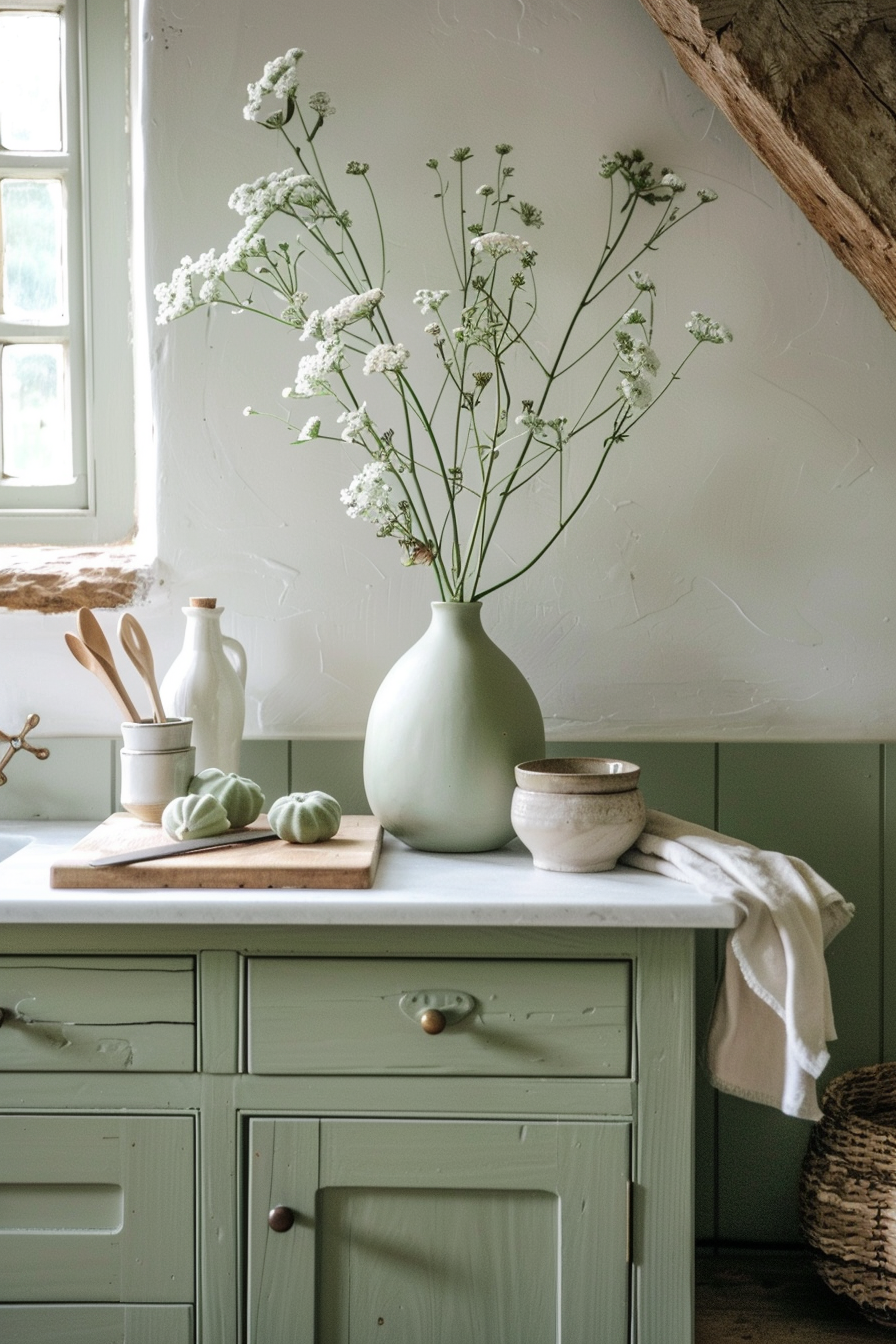 A serene kitchen corner with a vase of white flowers, wooden utensils, and ceramic dishware on a sage green cabinet.