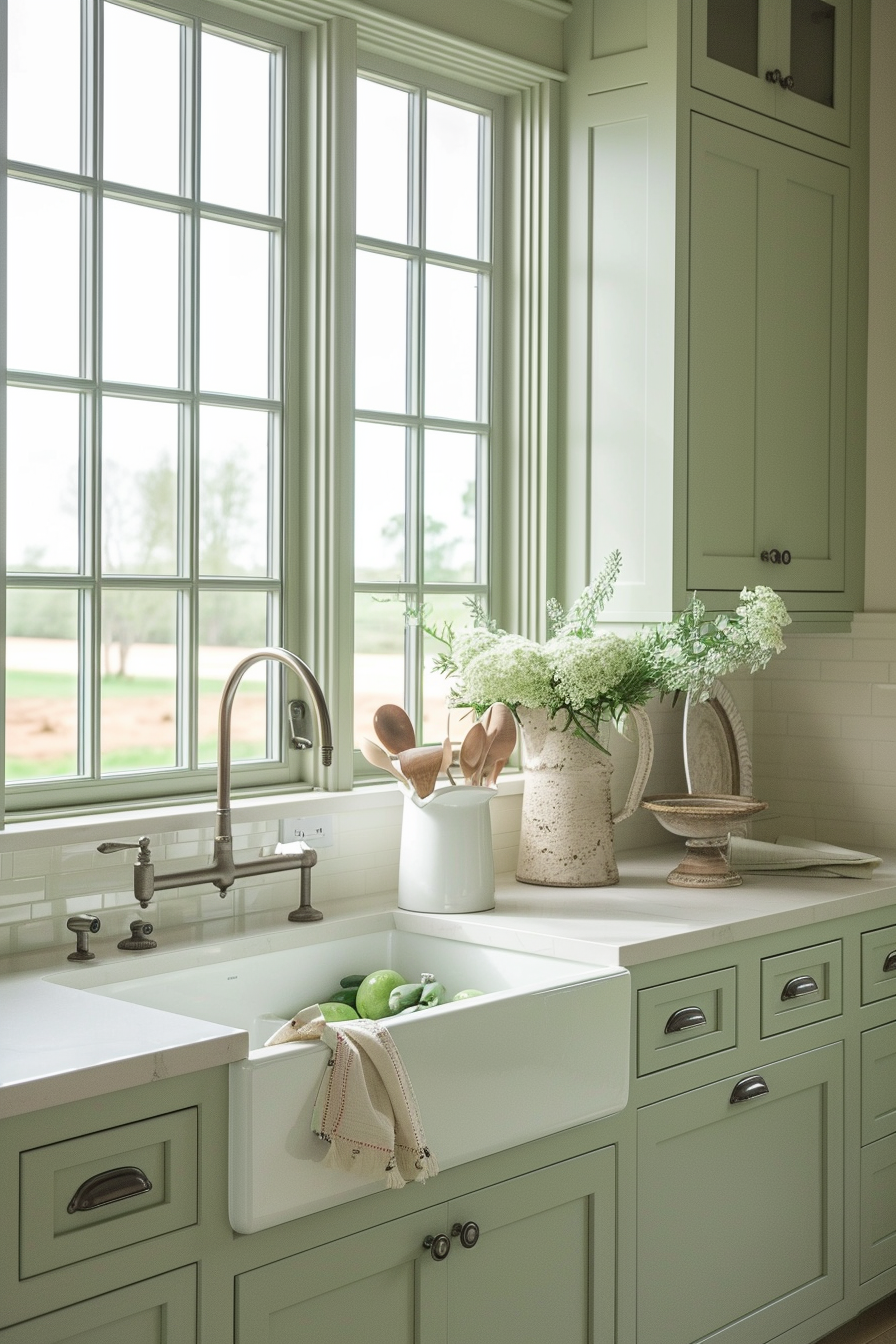 A sunny kitchen with sage green cabinets, white countertops, a farmhouse sink with green apples, and a vase of white flowers.