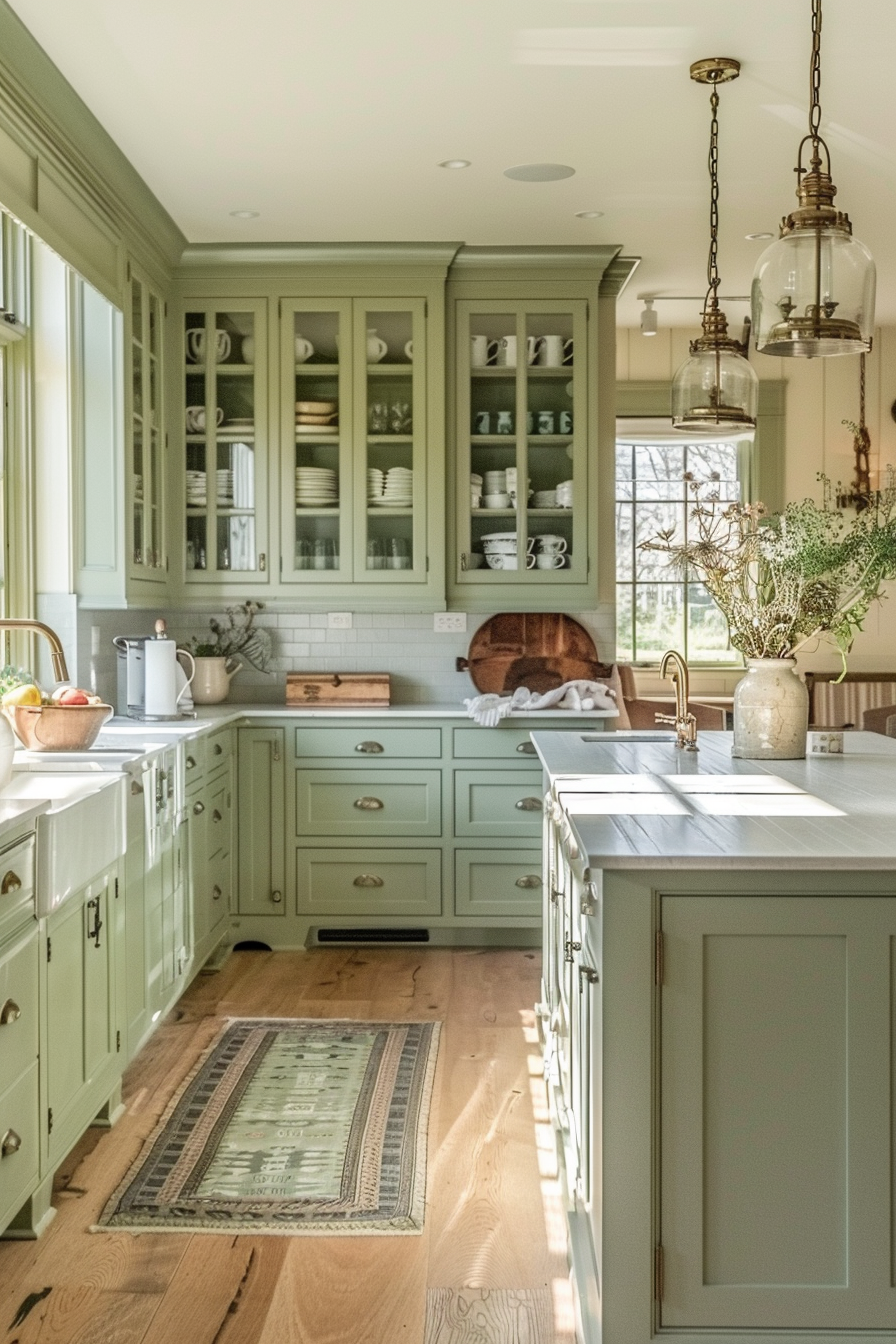 Elegant kitchen interior with sage green cabinets, white countertops, hanging glass pendant lights, and a sunlit wooden floor.