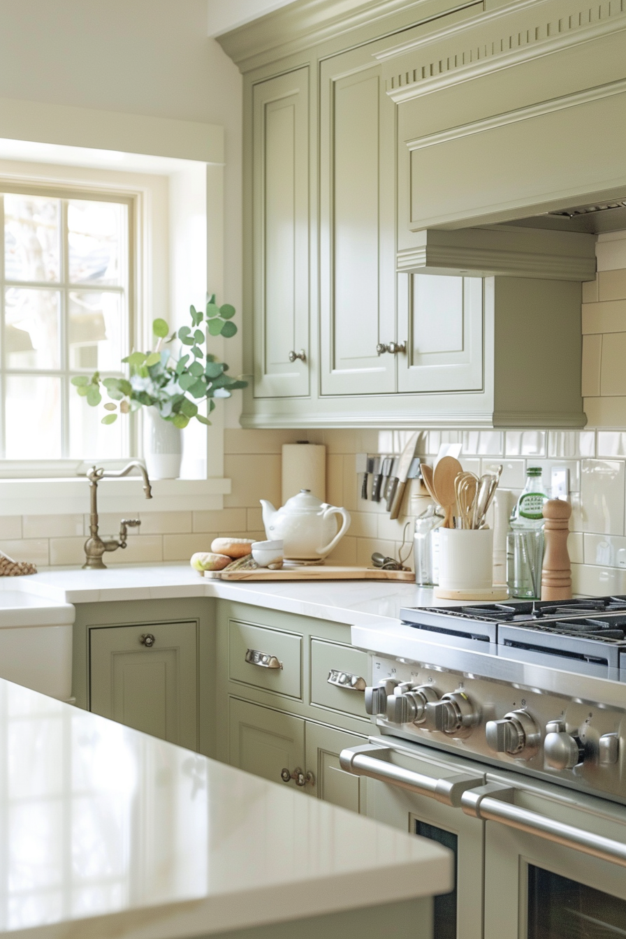 A bright, clean kitchen with cream cabinets, a white countertop, a vintage style teapot, and sunlight coming through the window.