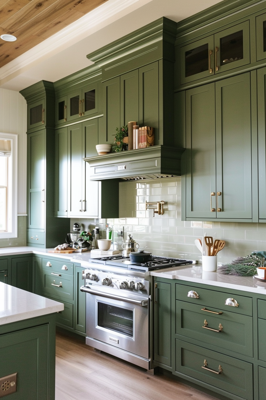 A modern kitchen with green cabinetry, white countertops, a gas stove, and gold hardware accents.