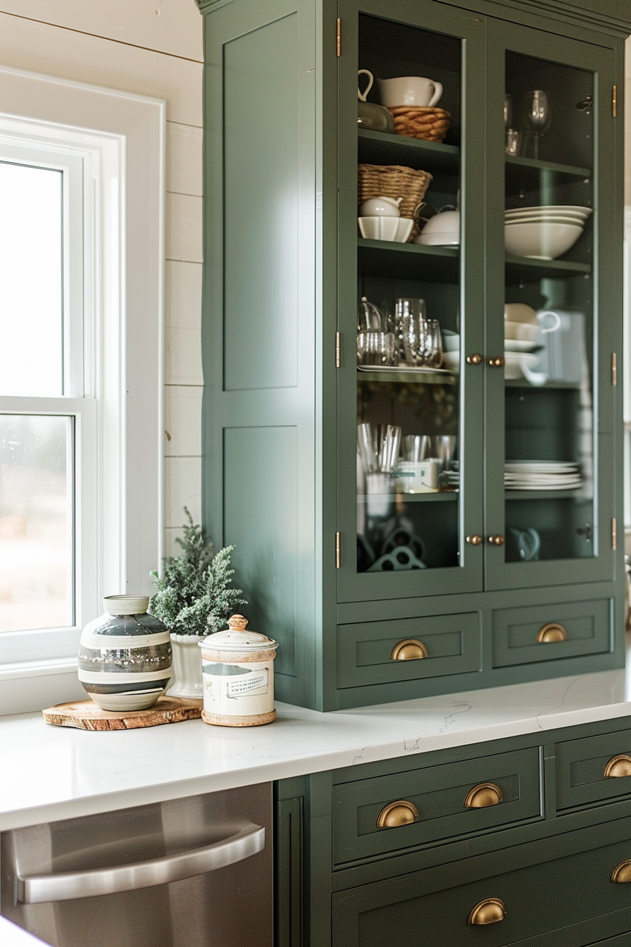 A modern kitchen with dark green cabinetry, gold hardware, a glass-front display cabinet filled with dishes, and decorative jars on the counter.