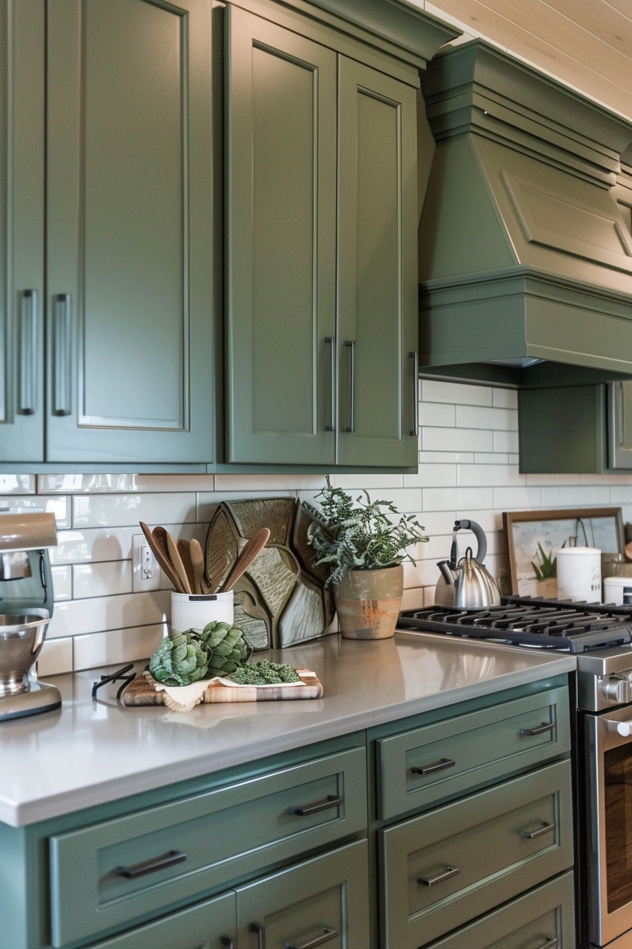 Elegant kitchen with green cabinetry, white subway tiles, and decorative plants on the countertop.