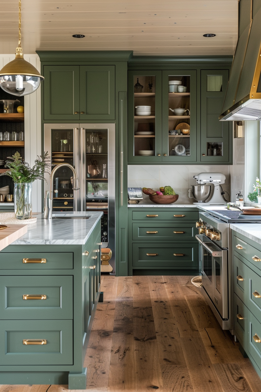 Elegant kitchen interior with green cabinetry, gold handles, marble countertops, and modern appliances.