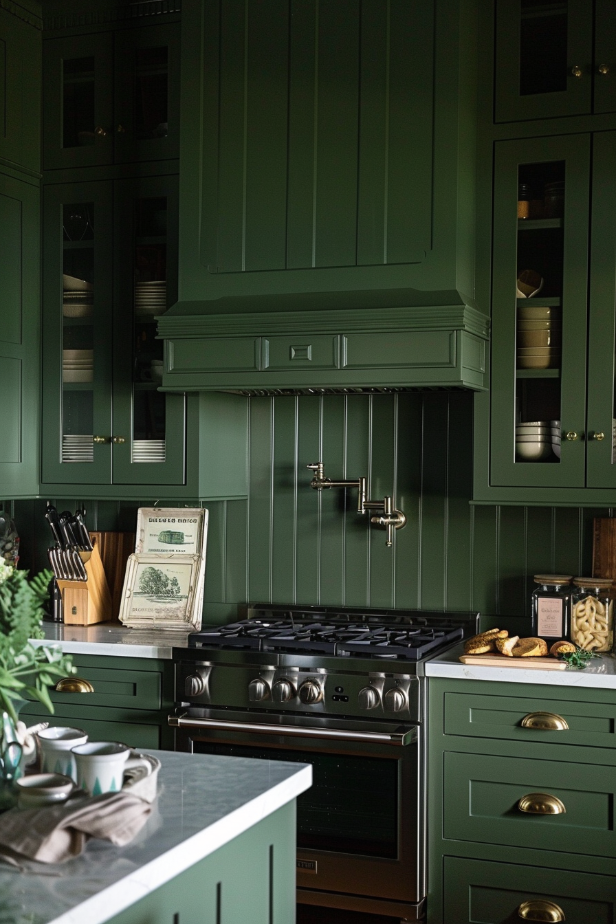 Elegant kitchen with dark green cabinetry, a stainless steel gas stove, and gold-toned hardware, showcasing a sophisticated and cozy design.