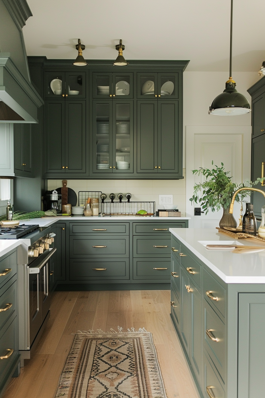 Elegant kitchen with dark green cabinetry, gold handles, white countertops, and hanging brass lights, with a patterned rug on wooden flooring.