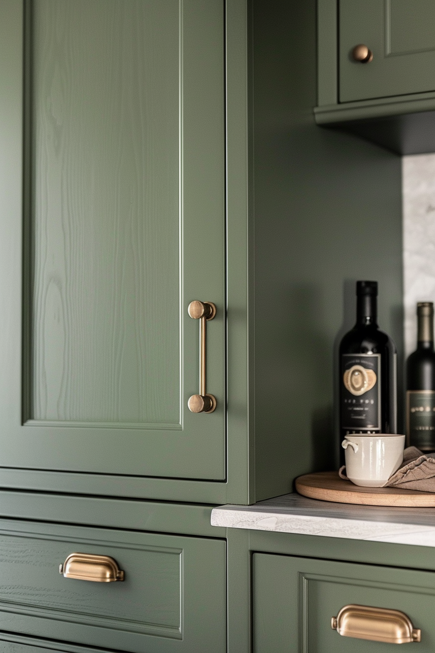 Elegant green kitchen cabinets with brass handles, a marble countertop, and bottles of wine displayed.