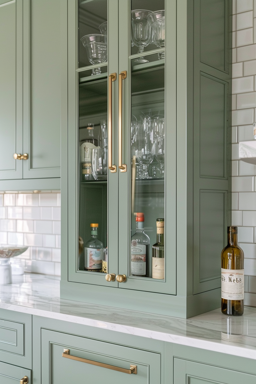 Glass-fronted green cabinets with gold handles, showcasing glasses and liquor bottles, over marble countertop.