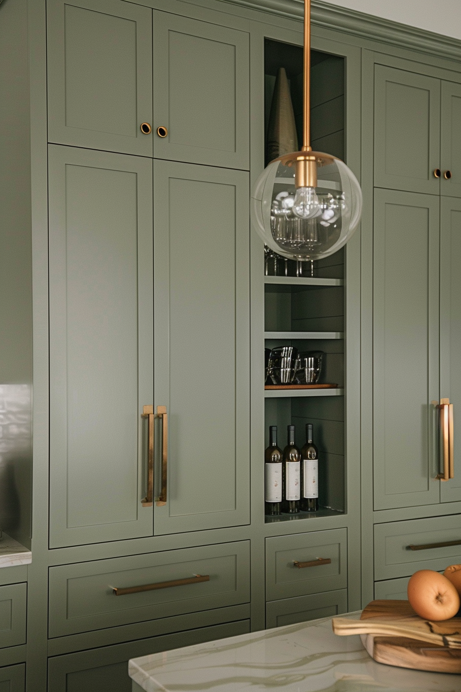 Modern kitchen cabinetry in muted green with sleek brass handles, featuring a clear pendant light and a visible wine storage area.